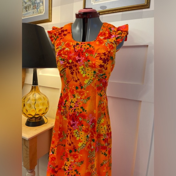 Vintage 70’s Floral Orange Maxi Dress Size Small - Picture 5 of 6